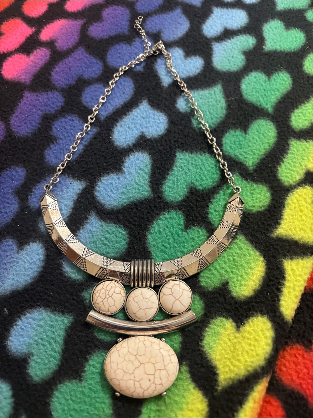 Silver-Tone and Cream Statement Necklace - Bold Geo Pendant
